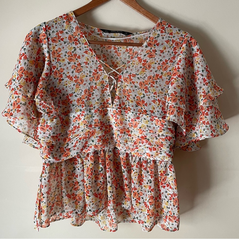 Zara Basic Collection Floral Orange Peplum Blouse with Zipper Side Closure